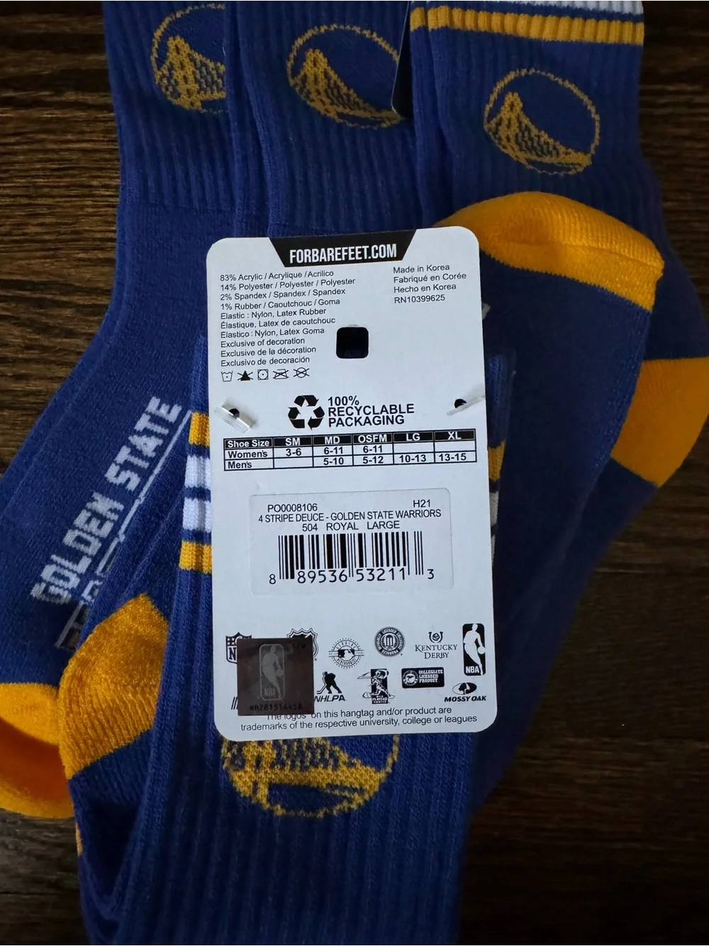 NBA Golden State Warriors Crew Athletic Socks - 4 Packs - Large